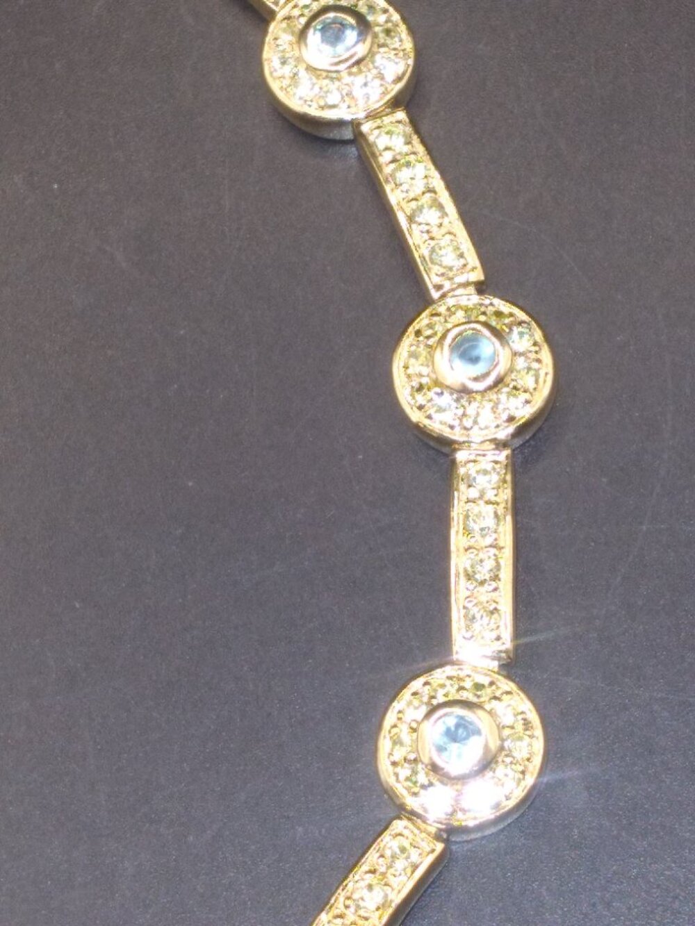 Sterling Silver 925 Gold Plated 7'' Bracelet Aquamarine and clear Rhinestones